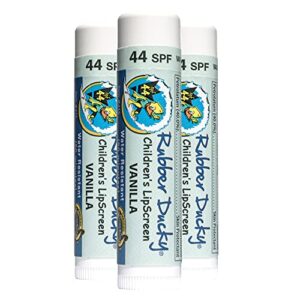 rubber ducky – kid’s spf 44 lip balm – moisturizing vitamin e sunscreen for lips – all season broad spectrum uv protection – waterproof 80 mins -no-ox protectant – clear – vanilla (3 packs)