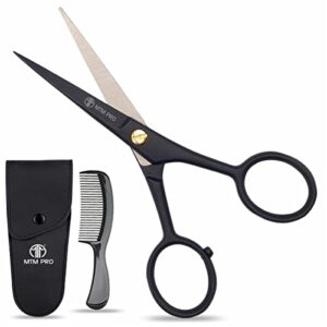 MTM PRO Professional German Beard & Mustache Scissors With Comb & Carrying Pouch - Perfect Men’s Facial Hair Grooming Kit For All Body or Facial Hair (Black)