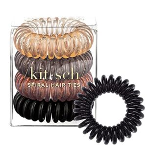 kitsch spiral hair ties for women – waterproof teleties & ponytail holders for teens | stylish phone cord hair ties & hair coils for girls | coil hair ties for thick hair & thin hair, 4 pcs (brunette)