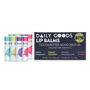 assorted natural lip balm pack with cocoa butter and coconut oil by daily goods, includes pomegranate, coconut, cherry, and spearmint flavors, enriched with vitamin e – pack of 8, 0.15 oz tubes