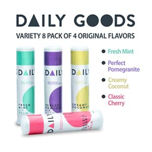 Assorted Natural Lip Balm Pack with Cocoa Butter and Coconut Oil by DAILY GOODS, Includes Pomegranate, Coconut, Cherry, and Spearmint Flavors, Enriched with Vitamin E - Pack of 8, 0.15 oz Tubes