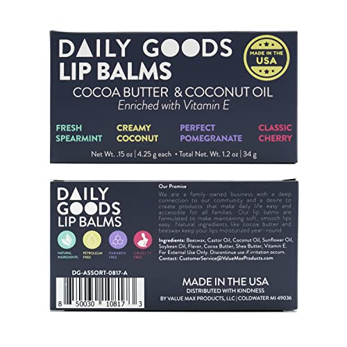 Assorted Natural Lip Balm Pack with Cocoa Butter and Coconut Oil by DAILY GOODS, Includes Pomegranate, Coconut, Cherry, and Spearmint Flavors, Enriched with Vitamin E - Pack of 8, 0.15 oz Tubes