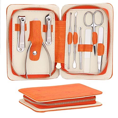 ZIZZON Manicure Set Professional Stainless Steel Toenail and Fingernail Clippers Set 9 in1 Pedicure and Grooming kit with Travel Case (Orange)