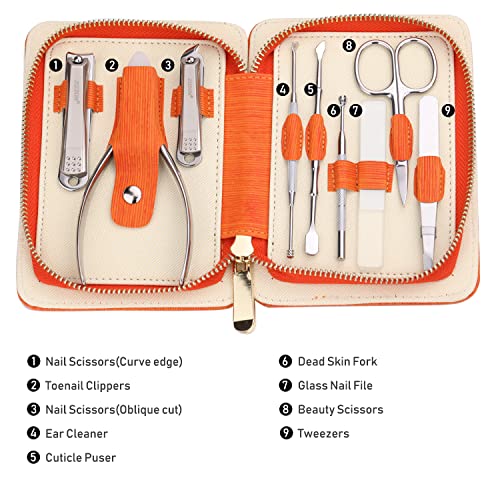 ZIZZON Manicure Set Professional Stainless Steel Toenail and Fingernail Clippers Set 9 in1 Pedicure and Grooming kit with Travel Case (Orange)