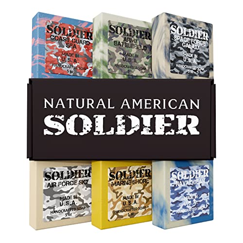 NATURAL AMERICAN SOLDIER Men’s Bar Soap – 100% All Natural, Masculine Scents, Essential Oils, Organic Shea Butter, No Harmful Chemicals – (6pk) Natural Soap Bars for Men - Made in USA - Man Soap, 5 oz