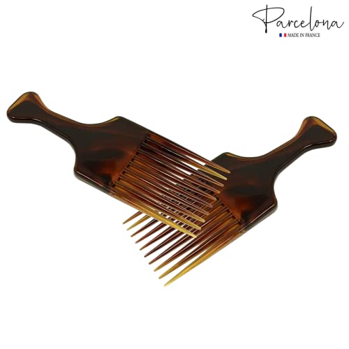 Parcelona French Afro Lift Tortoise Shell Brown Extra Large 6” Celluloid Set of 2 Salon Style Hairdressing Long Teeth Metal Free Hair Pick Combs for Women and Girls