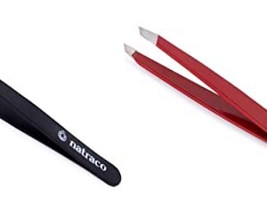 Stainless Steel Slant Precision Tweezers – Professional Tweezers for Eyebrows & Hair Removal – Black & Red (Pack of 2)