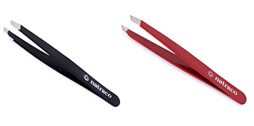 Stainless Steel Slant Precision Tweezers – Professional Tweezers for Eyebrows & Hair Removal – Black & Red (Pack of 2)