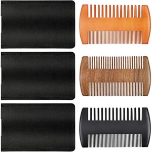 3 pieces beard comb natural sandalwood wooden mustaches combs dual action teeth beard comb with 3 pieces pocket faux leather case for beards mustaches (black, yellow, brown)