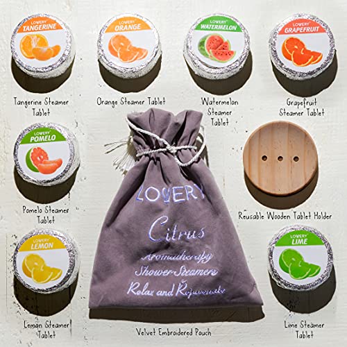 Essential Oil Shower Steamer Set, Vaporizing Shower Tablets with Holder, 7 Shower Bombs in Citrus Flavors, Aromatherapy Shower Steamers, Vapor Steam for Daily Use, Relaxation Gifts for Women