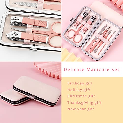 Pink Manicure Set Beauty Tool Portable - Nail Clipper Pedicure Grooming Kit Stainless Steel 7 in 1 Luxury Leather Travel Case, for Woman Girl Home Travel Gift Giving