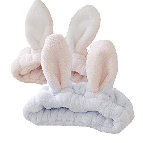 Women Fashion Soft Flannel Bunny Ear Makeup Cosmetic Shower Elastic Headband 2Pcs