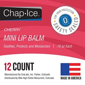 Chap-Ice® | 12-Count Mini Cherry Lip Balm | Lip Balm Pack Fortified with Vitamin E for Dry, Cracked Lips | Made in USA | 12-Count Mini Lip Balm with Cherry Flavor (0.10oz/3g Each)