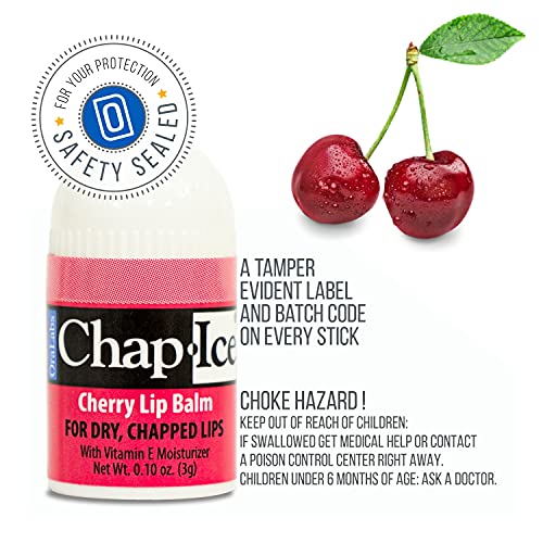 Chap-Ice® | 12-Count Mini Cherry Lip Balm | Lip Balm Pack Fortified with Vitamin E for Dry, Cracked Lips | Made in USA | 12-Count Mini Lip Balm with Cherry Flavor (0.10oz/3g Each)