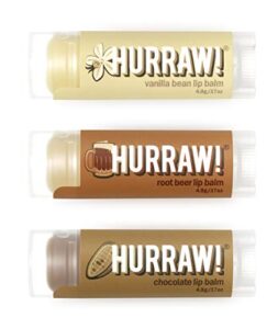 hurraw! vanilla bean, root beer, chocolate lip balms, 3 pack bundle: organic, certified vegan, cruelty and gluten free. non-gmo, 100% natural ingredients. bee, shea, soy and palm free. made in usa