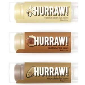 Hurraw! Vanilla Bean, Root Beer, Chocolate Lip Balms, 3 Pack Bundle: Organic, Certified Vegan, Cruelty and Gluten Free. Non-GMO, 100% Natural Ingredients. Bee, Shea, Soy and Palm Free. Made in USA