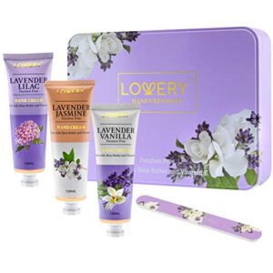 birthday gifts lavender hand lotion set, 3 luxury hand creams gift set, lavender jasmine, lavender lilac, lavender vanilla, nail filer in a metal box with vitamin e & shea butter, paraben free
