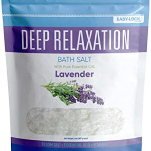 Deep Relaxation Bath Salt 32 Ounces Epsom Salt with Natural Lavender Essential Oil Plus Vitamin C in BPA Free Pouch with Easy Press-Lock Seal