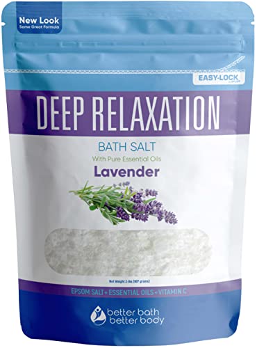 Deep Relaxation Bath Salt 32 Ounces Epsom Salt with Natural Lavender Essential Oil Plus Vitamin C in BPA Free Pouch with Easy Press-Lock Seal