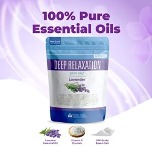 Deep Relaxation Bath Salt 32 Ounces Epsom Salt with Natural Lavender Essential Oil Plus Vitamin C in BPA Free Pouch with Easy Press-Lock Seal