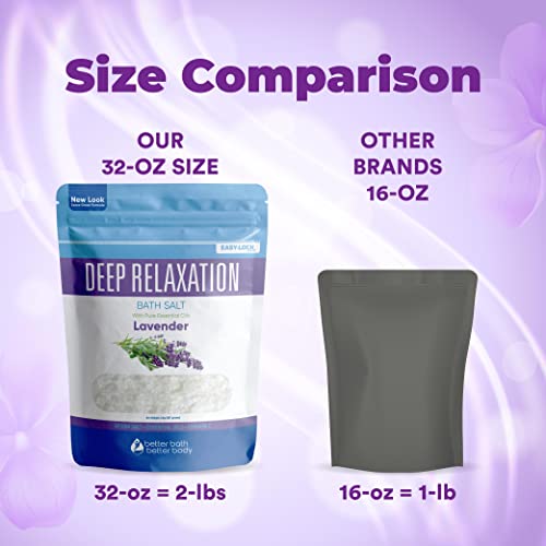 Deep Relaxation Bath Salt 32 Ounces Epsom Salt with Natural Lavender Essential Oil Plus Vitamin C in BPA Free Pouch with Easy Press-Lock Seal