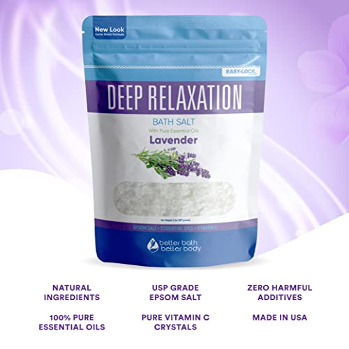 Deep Relaxation Bath Salt 32 Ounces Epsom Salt with Natural Lavender Essential Oil Plus Vitamin C in BPA Free Pouch with Easy Press-Lock Seal