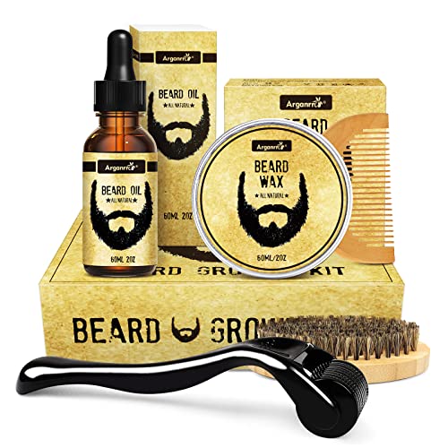 Arganrro Beard Growth Kit - Beard Derma Roller, Beard Oil, Beard Balm, Brush, Comb - Beard Care Kit Valentine's Day & Birthday Gift for Dad Husband & Boyfriend