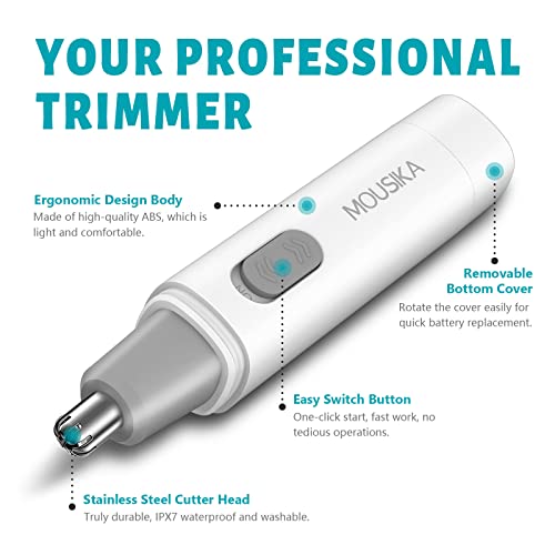 MOUSIKA Ear Nose Hair Trimmer Clipper Painless Eyebrow Facial Hair Removal for Men and Women Waterproof Dual Edge Blades Battery Operated Electric Groomer (White)