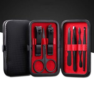 aubcee nail clipper set, manicure, pedicure kit, 7 in 1 black stainless steel professional grooming kit with black leather travel case