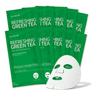 glam up sheet mask refreshing green tea (10 sheets) – revitalize dull skin. dark circle fighter nature made freshly packed daily skin therapy original k-beauty recipe x 10ea