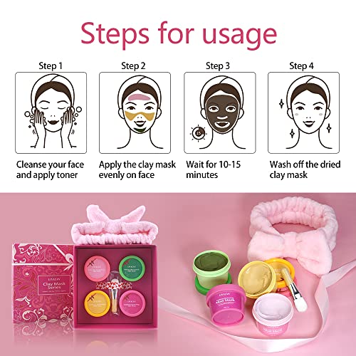 LIYALAN Face Clay Mask Set(1.76 oz/4 pack),Matcha Facial Mud Mask, Eggplant Rose Face Mask Skin Care, Turmeric Acne Facial Masks Gifts for Women, Deep Cleansing(Pink)