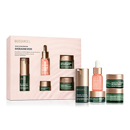 BIOSSANCE Overachievers Set. Squalane + Lactic Acid Resurfacing Night Serum Bundle with Travel Size Best Sellers to Hydrate, Exfoliate and Smooth Fine Lines (5 items)