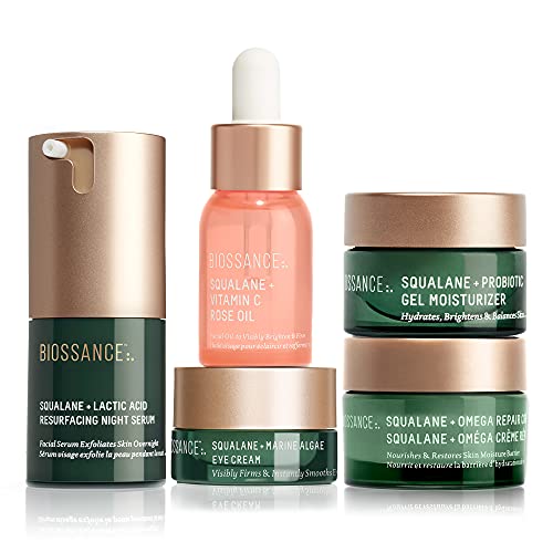 BIOSSANCE Overachievers Set. Squalane + Lactic Acid Resurfacing Night Serum Bundle with Travel Size Best Sellers to Hydrate, Exfoliate and Smooth Fine Lines (5 items)