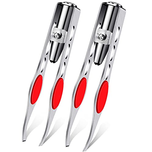 2 Pieces Tweezers with LED Light Hair Removal Lighted Tweezers Makeup Tweezers with Light for Women Precision Eyebrow Hair Removal Tweezers Stainless Steel Tweezers (Red)