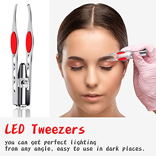 2 Pieces Tweezers with LED Light Hair Removal Lighted Tweezers Makeup Tweezers with Light for Women Precision Eyebrow Hair Removal Tweezers Stainless Steel Tweezers (Red)