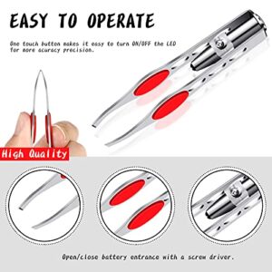 2 Pieces Tweezers with LED Light Hair Removal Lighted Tweezers Makeup Tweezers with Light for Women Precision Eyebrow Hair Removal Tweezers Stainless Steel Tweezers (Red)