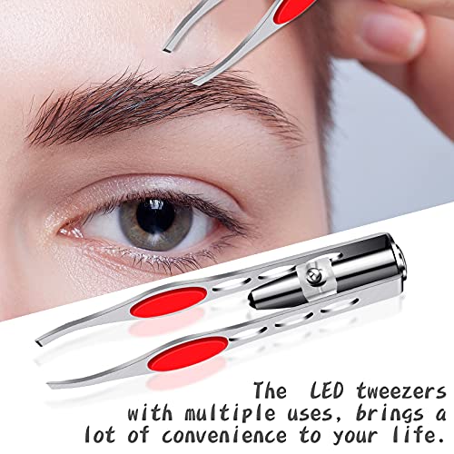 2 Pieces Tweezers with LED Light Hair Removal Lighted Tweezers Makeup Tweezers with Light for Women Precision Eyebrow Hair Removal Tweezers Stainless Steel Tweezers (Red)