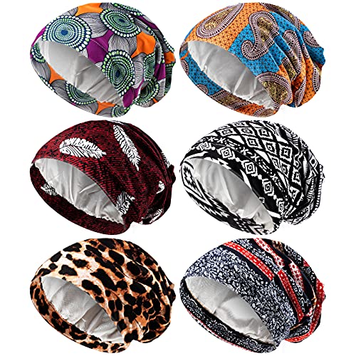 6 Pieces Satin Lined Sleep Cap for Women African Silk Bonnet Beanie for Sleeping Hair Natural Curly Hat (Elegant Patterns)