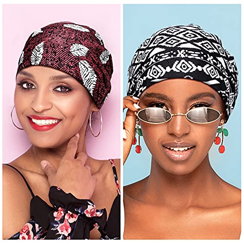 6 Pieces Satin Lined Sleep Cap for Women African Silk Bonnet Beanie for Sleeping Hair Natural Curly Hat (Elegant Patterns)