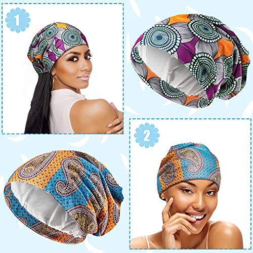 6 Pieces Satin Lined Sleep Cap for Women African Silk Bonnet Beanie for Sleeping Hair Natural Curly Hat (Elegant Patterns)