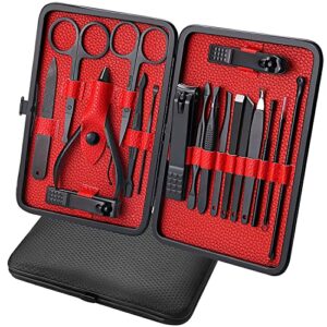 manicure set-stainless steel nail care set-professional ingrown toenail clipper grooming tool-pedicure kit & toe nail cutter-thick nail scissors toiletries with cuticle trimmer (black&red 18 in 1)