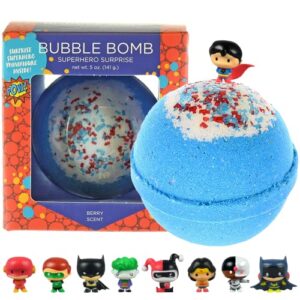 superhero bubble bath bomb for kids with surprise superhero toy inside by two sisters. large 99% natural fizzy in gift box. moisturizes dry sensitive skin. releases color, scent, bubbles