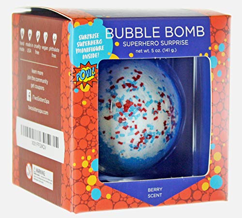 Superhero Bubble Bath Bomb for Kids with Surprise Superhero Toy Inside by Two Sisters. Large 99% Natural Fizzy in Gift Box. Moisturizes Dry Sensitive Skin. Releases Color, Scent, Bubbles