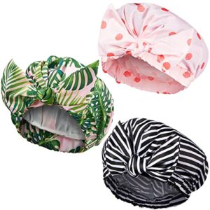 3 pieces shower caps for women, waterproof reusable shower hair caps elastic hem turban shower bath caps for long, short and curly hair for women girls (stripe, coconut palm and polka dot pattern)