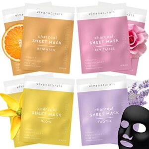 viva naturals charcoal face mask set (8 pack) – collagen & hyaluronic acid face mask for skin care – moisturize and brighten with 4 varieties of facial sheet mask