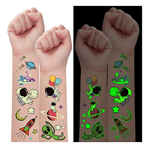 Space Party Supplies, Solar System Luminous Temporary Tattoos for Boys, Space Glow Birthday Party Decorations Favors for Kids, Space Fake Tattoos Stocking Stuffers Accessories (10 Sheets)