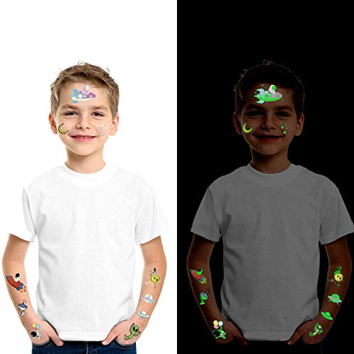 Space Party Supplies, Solar System Luminous Temporary Tattoos for Boys, Space Glow Birthday Party Decorations Favors for Kids, Space Fake Tattoos Stocking Stuffers Accessories (10 Sheets)