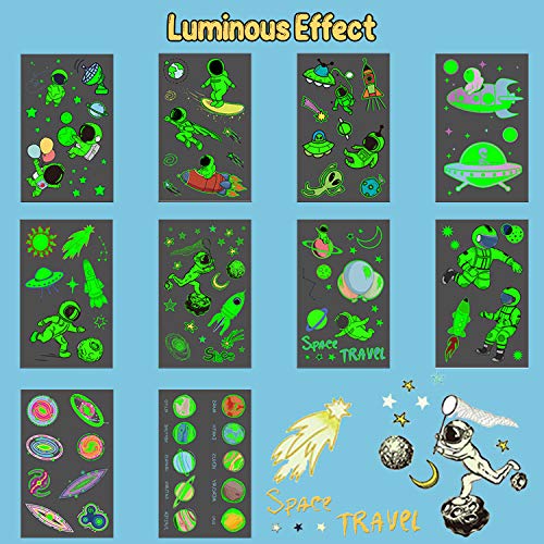 Space Party Supplies, Solar System Luminous Temporary Tattoos for Boys, Space Glow Birthday Party Decorations Favors for Kids, Space Fake Tattoos Stocking Stuffers Accessories (10 Sheets)