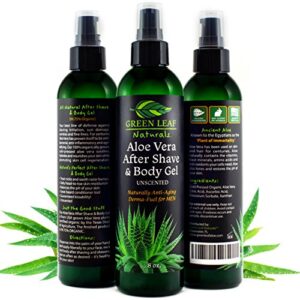 aloe vera after shave & body gel | 99.75% organic | natural anti-aging formula to hydrate, soothe & repair dry skin, irritation, redness & prevents razor burn – 8oz, by green leaf naturals