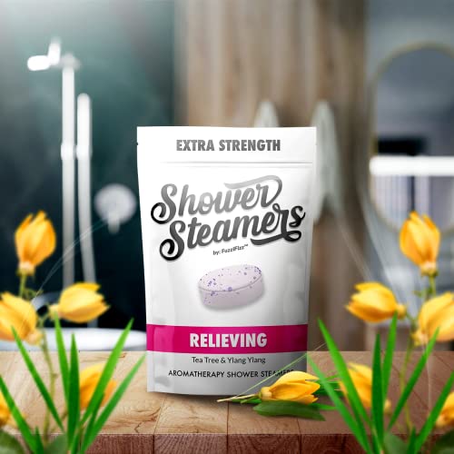 FuzziFizz Shower Steamers Aromatherapy Essential Oil Scented Shower Bombs | Bath Shower Tablets | Spa Shower Steamer Pods | Stress Relief Self Care Gifts for Women, Relieving Bath Vapor (Pack of 8)